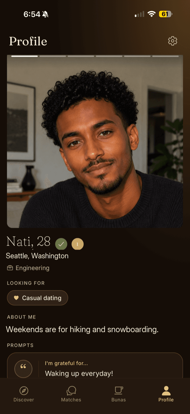 A verified Shega profile with photos, prompts, and what they're about